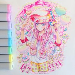 1boy art_tools_in_frame balloon braid cake candy classicaloid closed_mouth flute food hat heart heart_balloon holding holding_flute holding_instrument instrument jacket_around_neck jelly_bean long_hair long_sleeves looking_at_viewer male_focus musical_staff neko_hunsou pink_hat recorder shirt shorts solo traditional_media white_shirt wolfgang_amadeus_mozart_(classicaloid) yellow_shorts