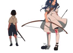 1boy 1girl aged_down arrow_(projectile) asirpa back-to-back bandaid bandaid_on_face black_hair black_shorts blue_eyes blue_hair bow_(weapon) bruise_on_knee buzz_cut dress earrings full_body golden_kamuy gun h4tter highres holding holding_bow_(weapon) holding_weapon hoop_earrings jewelry looking_up medium_hair ogata_hyakunosuke platform_footwear quiver rifle shirt short_hair short_sleeves shorts simple_background single_bare_foot socks standing very_short_hair weapon white_background white_dress white_shirt white_socks