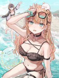 Rule 34 | 2girls, :d, aqua eyes, beach, bikini, black bikini, black hair, blonde hair, blue eyes, blush, breasts, choker, cleavage, eyewear on head, fish hair ornament, folded ponytail, hair between eyes, hair ornament, highres, igarashi rika, in water, jacket, jacket over swimsuit, long hair, looking at viewer, medium breasts, mole, mole on breast, multicolored hair, multiple girls, navel, nijisanji, nijisanji en, o-ring, o-ring choker, ocean, open mouth, orange hair, penta (pepepen 28), petra gurin, scrunchie, short hair, small breasts, smile, streaked hair, sunglasses, swimsuit, virtual youtuber, waving, wrist scrunchie