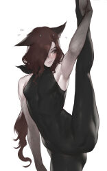 1boy animal_ears arm_up armpits bare_shoulders black_bodysuit black_feet black_hands black_ribbon blush bodysuit closed_mouth colored_extremities covered_pectorals demon_boy flying_sweatdrops fox_boy fox_ears hair_over_one_eye hair_ribbon highres holding_foot leg_up legs_apart looking_away looking_to_the_side male_focus nat_the_lich navel original pectorals ponytail red_eyes red_hair renard_beauchene_(nat_the_lich) ribbon ribbon_in_hair sideways_glance simple_background skin_tight skinny sleeveless sleeveless_bodysuit solo split spread_legs standing standing_on_one_leg standing_split turtleneck turtleneck_bodysuit white_background