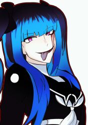 1girl amemiya_darumi black_bow black_hair black_shirt blood bloody_tears blue_hair bow eyelashes female_focus hair_bow last_defense_academy_school_uniform long_hair looking_at_viewer outline pink_eyes red_outline shirt simple_background solo solo_focus the_hundred_line_-last_defense_academy- tongue tongue_out twintails upper_body white_background