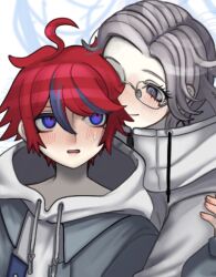 2boys aotsuki_eito black_hair blue_eyes blush drawstring glasses hood male_focus multicolored_eyes multicolored_hair multiple_boys open_mouth parted_hair red_eyes red_hair simple_background sumino_takumi the_hundred_line_-last_defense_academy- white_background white_hair yaoi
