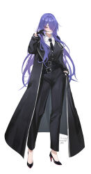 1girl absurdres acheron_(honkai:_star_rail) alternate_costume biting biting_glove black_coat black_gloves black_jacket black_necktie black_pants black_shoes blush breasts chinese_commentary coat collared_shirt commentary_request full_body gloves hair_over_one_eye hand_in_pocket hand_up high_heels highres honkai:_star_rail honkai_(series) jacket large_breasts long_hair looking_at_viewer necktie pants parted_lips partial_commentary purple_eyes purple_hair sanvicept shirt shoes signature simple_background solo twitter_username very_long_hair white_background white_shirt