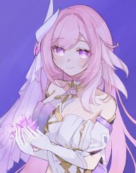 Rule 34 | 1girl, bare shoulders, breasts, cleavage, commentary request, corset, crystal, crystal flower, diamond-shaped pupils, diamond (shape), elysia (herrscher of human: ego) (honkai impact), elysia (honkai impact), gloves, highres, holding, holding crystal, honkai (series), honkai impact 3rd, large breasts, long hair, pink hair, purple background, purple eyes, revision, smile, solo, sutera pasuta, symbol-shaped pupils, upper body, veil, very long hair, white corset, white gloves, white veil