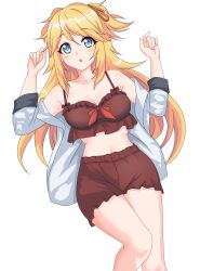 Rule 34 | 1girl, :o, blonde hair, blue eyes, bra, breasts, brown bra, brown shorts, cleavage, collarbone, hair ribbon, highres, long hair, lying, maxwelzy, medium breasts, messy hair, midriff, ninon (princess connect!), on back, open clothes, open shirt, orange ribbon, princess connect!, ribbon, shirt, short sleeves, shorts, simple background, sleepwear, solo, two side up, underwear, white background, white shirt