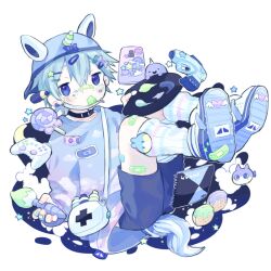 1boy animal_ears bag bandaid bandaid_on_face bandaid_on_finger bandaid_on_knee bandaid_on_leg bandaid_on_nose black_choker black_shorts blue_bow blue_eyes blue_hair blue_shirt blue_shoes blue_theme bow candy cellphone choker cloud_print cotono_(nazekun) decora earclip extra_ears food food_in_mouth full_body hair_between_eyes hair_bow hair_ornament hairclip handheld_game_console heart highres holding holding_paint_palette holding_paintbrush holding_paint_palette horns horse_ears horse_tail jitome lollipop long_sleeves male_focus marker original paint_palette paintbrush paint_palette pencil_behind_ear phone shirt shoes short_hair shorts shoulder_bag single_horn smartphone sneakers socks solo star_(symbol) star_sticker sticker_on_face tail unicorn_boy unicorn_horn v-shaped_eyebrows white_bag white_socks