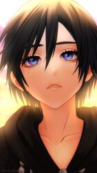 1girl black_coat black_coat_(kingdom_hearts) black_hair blue_eyes blush coat commentary english_commentary hair_between_eyes highres hood hood_down hooded_coat kingdom_hearts kingdom_hearts_358/2_days lips looking_at_viewer much_manga parted_lips pink_lips short_hair solo twitter_username xion_(kingdom_hearts)