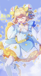 1girl ^_^ acfun acfun_girl anniversary blonde_hair blue_choker blue_dress blue_sky breasts bun_cover choker closed_eyes clothing_cutout cloud double_bun dress flower flower_facial_mark foot_out_of_frame hair_bun high_heels highres lower_teeth_only maobuxia open_mouth shoes short_dress short_hair shoulder_cutout sky small_breasts smile solo teeth thighhighs white_thighhighs wide_sleeves yellow_flower yellow_shoes
