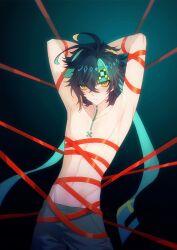 1boy absurdres arms_behind_head arms_up bdsm black_hair black_pants closed_mouth erzplubdduik93g genshin_impact gradient_background green_eyes green_hair green_headband hair_between_eyes headband highres jewelry kinich_(genshin_impact) looking_at_viewer male_focus multicolored_hair navel pants radial_gradient_background red_ribbon ribbon short_hair solo stomach streaked_hair topless_male