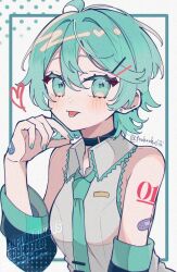 Rule 34 | 1girl, ahoge, alternate hair length, alternate hairstyle, aqua eyes, aqua hair, aqua nails, aqua necktie, aqua trim, arm tattoo, bandaid, bandaid on arm, barbell piercing, bare shoulders, black choker, black sleeves, choker, closed mouth, collared shirt, detached sleeves, ear piercing, earrings, film grain, grey shirt, hair between eyes, hair ornament, hairclip, hand up, hatsune miku, heart, highres, industrial piercing, jewelry, long sleeves, looking at viewer, maca1227, nail polish, necktie, number tattoo, piercing, shirt, short hair, short sleeves, simple background, solo, stud earrings, tattoo, tie clip, tongue, tongue out, twitter username, vocaloid, watermark, white background, wolf cut