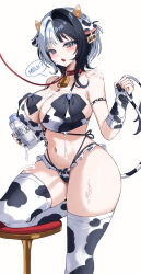 1girl absurdres animal_ears animal_print arm_strap bare_shoulders bikini black_hair bottle breasts cleavage collar cow_ears cow_horns cow_print cow_print_bikini cow_print_thighhighs cow_tail ear_tag fake_horns frilled_bikini frills grey_eyes hand_up highres holding horns large_breasts leash milk milk_bottle mole mole_under_eye mole_under_mouth multi-strapped_bikini_bottom multicolored_hair multiple_moles navel navel_piercing open_mouth original piercing print_bikini print_thighhighs red_collar sayan solo split-color_hair stomach stool string_bikini swimsuit tail thick_thighs thighhighs thighs two-tone_hair white_hair white_thighhighs