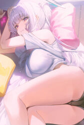 Rule 34 | 1girl, absurdres, ass, black shorts, blue archive, blue halo, blush, breasts, closed mouth, commentary, domi (hongsung0819), halo, highres, large breasts, long hair, looking at viewer, lying, noa (blue archive), on side, pillow, pink eyes, pink hair, shirt, shorts, smile, solo, thighs, white hair, white shirt