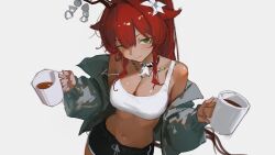 1girl absurdres antlers bare_shoulders black_shorts blunt_bangs breasts choker cleavage closed_mouth coffee cowboy_shot cup dolphin_shorts double-parted_bangs drink dual_wielding flower from_above fwofie greedice green_eyes grey_jacket hair_between_eyes hair_flaps hair_flower hair_ornament half-closed_eyes hands_up highres holding holding_cup horns indie_virtual_youtuber jacket jacket_partially_removed jewelry large_breasts light_smile long_hair mug navel necklace open_clothes open_jacket red_hair ringed_eyes shorts simple_background solo sports_bra standing stomach third-party_source unfinished white_background white_sports_bra