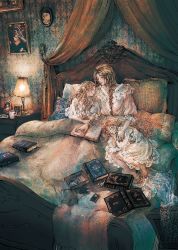 3girls arm_hug barefoot bed blanket blonde_hair book braid closed_eyes commentary_request cup desk_lamp dress highres indoors kobone_awaki lamp light light_particles long_hair lying mother_and_daughter multiple_girls nightgown on_bed original painting_(object) pillow sitting sleeping slice_of_life smile wavy_hair white_dress