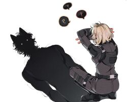 1girl ? animal_ears belt black_bodysuit black_boots blonde_hair bodysuit boots cat_ears cat_shadow_puppet_(meme) commentary_request crossed_arms dotori_012 korean_commentary loose_hair_strand marvel marvel_cinematic_universe meme sentry_(marvel) shadow short_hair speech_bubble spoken_question_mark squatting thunderbolts_(film) white_background white_eyes yelena_belova
