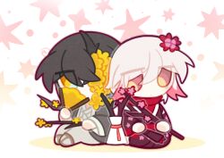 Rule 34 | 1boy, 1girl, azhong 123, branch, cherry blossom (e.g.o), chibi, e.g.o (project moon), faust (project moon), flower, folding fan, hair flower, hair ornament, hand fan, holding, holding branch, holding fan, japanese clothes, kimono, limbus company, lobotomy corporation, pink flower, project moon, purple kimono, sitting, spicebush (e.g.o), technology liberation alliance (identity) (project moon), yellow flower, yi sang (project moon)