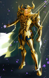 1boy armor brown_eyes cape fake_horns falling_petals flower from_above full_armor glint gold_armor gold_cloth gold_helmet gold_saint helmet highres holding holding_flower horned_helmet horns knee_spikes looking_at_viewer male_focus moon-lucky petals purple_flower saint_seiya shoulder_spikes solo spikes sunlight taurus_aldebaran thick_eyebrows white_cape
