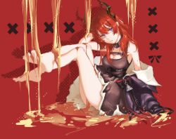 1girl arknights bare_legs bare_shoulders barefoot black_dress black_horns black_jacket breasts chinese_commentary cleavage closed_mouth clothes_down commentary_request dress drop_shadow feet framed_breasts full_body hair_between_eyes honey horns jacket large_breasts legs_up long_hair looking_at_viewer painine purple_eyes red_background red_hair short_dress sitting soles solo surtr_(arknights)