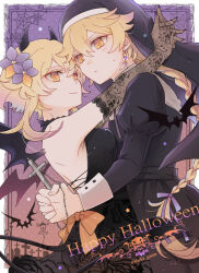 1boy 1girl :&lt; aether_(genshin_impact) arms_around_neck backless_dress backless_outfit black_dress black_gloves blonde_hair border braid braided_ponytail breasts brother_and_sister coif commentary_request cowboy_shot cross crossdressing demon_horns demon_wings dress elbow_gloves flower frown genshin_impact gloves gradient_background hair_flower hair_ornament halloween holding holding_cross horns ituki_gnsn lace lace_gloves long_hair looking_at_viewer lumine_(genshin_impact) medium_breasts orange_background puffy_sleeves purple_background purple_flower short_hair_with_long_locks siblings smile twitter_username white_background wings yellow_eyes