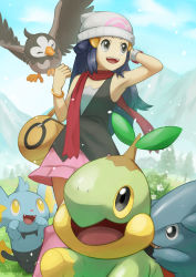 1girl :d bag beanie black_hair black_shirt bracelet cloud commentary_request dawn_(pokemon) day duffel_bag gen_4_pokemon gible grass grey_eyes hair_ornament hairclip hat highres jewelry long_hair nintendo open_mouth outdoors pink_skirt poke_ball_print pokemon pokemon_(creature) pokemon_bdsp poketch red_scarf ria_(mari1101) scarf shinx shirt skirt sky sleeveless sleeveless_shirt smile starly teeth tongue tree turtwig upper_teeth_only watch white_headwear wristwatch yellow_bag