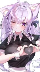 Rule 34 | 1girl, :3, alternate costume, animal ear fluff, animal ears, apron, bandaid, bandaid on arm, bandaid on hand, black dress, black ribbon, blush, breasts, cat ears, cat girl, cleavage cutout, clothing cutout, collared dress, commentary request, dress, enmaided, eyelashes, hair ribbon, heart, heart-shaped boob challenge, heart hands, highres, hololive, large breasts, long hair, looking at viewer, maid, maid day, nekomata okayu, nekomata okayu (8th costume), official alternate hair length, official alternate hairstyle, one eye closed, puffy short sleeves, puffy sleeves, purple eyes, purple hair, ribbon, short sleeves, sidelocks, solo, soyu1123, twintails, upper body, waist apron, white apron, white background, white wrist cuffs, wrist cuffs