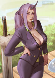 Rule 34 | 1girl, absurdres, breasts, cleavage, cowboy shot, curtained hair, formal clothes, hand on own hip, highres, horns, large breasts, lips, loginovls, outdoors, pants, planted, planted sword, planted weapon, ponytail, purple eyes, purple hair, purple pants, purple suit, shion (tensura), signature, single horn, solo, suit, sword, tensei shitara slime datta ken, weapon