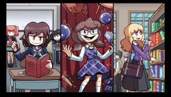 bag black_skirt blonde_hair book brown_eyes brown_hair chair curtains desk eraser glasses grimoire highres holding holding_pencil indoors kevin_arthur maribel_hearn multiple_girls necktie occult_ball pencil plaid_clothes plaid_skirt plaid_vest school school_bag school_chair school_desk school_uniform shelf skirt skull smile socks telekinesis touhou twintails usami_renko usami_sumireko vest white_socks window
