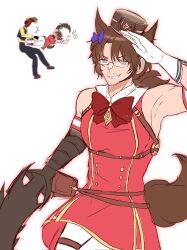 1boy 1other alternate_costume animal_ears armpits black_pants bow brown_hair bug_arm commentary cosplay cowboy_shot dante_(limbus_company) drop_kick english_commentary flying_kick full_body glasses gloves gold_ship_(umamusume) gold_ship_(umamusume)_(cosplay) gregor_(project_moon) hand_up hat highres horse_boy horse_ears horse_tail kicking limbus_company miramsm_20 pants project_moon red_bow shirt short_hair simple_background smirk tail umamusume white_background white_gloves yellow_shirt