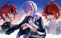 1boy 1girl ^_^ absurdres ahoge binxngchng1 bird black_bow black_hairband black_ribbon black_streaks bleeding blood blood_on_face blue_eyes blue_jacket borrowed_clothes bow bow_hairband braid chinese_commentary closed_eyes cropped_torso crossed_arms gakuran grey_jacket hair_ornament hair_over_shoulder hairband hairpin highres hood jacket jacket_on_shoulders kirifuji_nozomi last_defense_academy_school_uniform long_hair multicolored_hair multicolored_jacket multiple_hairpins multiple_views neck_ribbon purple_hair purple_skirt red_hair ribbon school_uniform shirt short_hair single_braid sketch skirt smile streaked_hair sumino_takumi sunrise the_hundred_line_-last_defense_academy- two-tone_jacket white_shirt