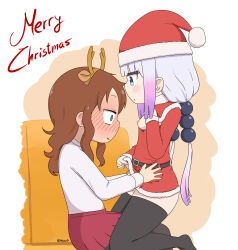 Rule 34 | 2girls, absurdres, alechon, antlers, black thighhighs, blue eyes, blush, breasts, breasts out, brown hair, christmas, fake antlers, green eyes, hair bobbles, hair ornament, hat, highres, horns, kanna kamui, kobayashi-san chi no maidragon, long hair, multiple girls, nipples, purple hair, reindeer antlers, saikawa riko, santa costume, santa hat, small breasts, thighhighs, yuri