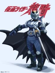 Rule 34 | 1boy, advent deck, armor, bat (animal), belt, black armor, black boots, bodysuit, boots, cape, full body, heisei, highres, holding, holding weapon, kamen rider, kamen rider knight, kamen rider ryuki (series), male focus, outstretched arms, penpenhuihui, reverse grip, rider belt, solo, spread arms, sword, tokusatsu, v buckle, weapon