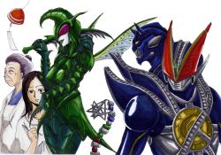 Rule 34 | 2boys, 3girls, arthropod girl, artist request, black eyes, compound eyes, episode blue: the dispatched imagin is new tral, highres, holding, holding weapon, kamen rider, kamen rider den-o (series), kamen rider new den-o, kamen rider new den-o (strike form), mantis girl, mantis imagin, multiple boys, multiple girls, purple eyes, red eyes, simple background, teddy (kamen rider den-o), upper body, weapon, white background, wind chime