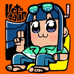 1girl :3 aqua_shirt bkub black_sandals blue_eyes blue_hair blue_pants blunt_bangs blunt_ends blush_stickers chibi chibi_only closed_mouth eyewear_on_head floating_hair full_body highres long_hair looking_at_viewer official_alternate_costume official_art on_chair orange_background pants pipimi poptepipic sandals shirt short_sleeves sidelocks simple_background sitting solo sunglasses tan v