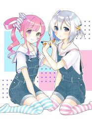 2girls amane_kanata blue_eyes blue_hair bow check_commentary commentary_request crayon facial_mark green_eyes hair_bow hair_ornament heart heterochromia highres himemori_luna holding holding_crayon long_hair maitopartan multiple_girls original overalls pink_hair purple_eyes shirt short_hair short_sleeves side_ponytail simple_background smile star_(symbol) star_hair_ornament striped_clothes striped_thighhighs thighhighs virtual_youtuber white_hair white_shirt