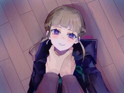 1girl 1other absurdres black_serafuku blunt_bangs blush braid breasts bright_pupils brown_hair commentary_request euphoria_(clockup) green_neckerchief grin half_up_braid hands_on_another&#039;s_neck head_tilt highres looking_at_viewer lying manaka_nemu medium_breasts neckerchief on_back on_floor polka_dot_shadow purple_eyes school_uniform serafuku short_hair sidelocks smile twitter_username upper_body white_pupils yihi