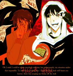 Rule 34 | 1boy, 1girl, bags under eyes, black eyes, black gloves, black hair, blood, blood from forehead, blood splatter, blood writing, book, covering own eyes, covering own mouth, cry of fear, english text, fingerless gloves, flying paper, gloves, gouged eye, highres, holding eyeball, hood, hood up, hoodie, image warping, implied self-harm, injury, jacket, konicomchiee, looking at another, open book, open mouth, paper, red jacket, scratches, short hair, simon henriksson, sophie (cry of fear), star trail, white hoodie