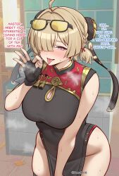 1girl absurdres ahoge black_dress black_gloves blonde_hair blush bonz_(bonz0616) breasts breath cleavage cleavage_cutout clothing_cutout commentary cowboy_shot dress english_commentary english_text eyewear_on_head fellatio_gesture fingerless_gloves gloves groin hair_over_one_eye hand_up headgear highres indoors large_breasts looking_at_viewer no_panties pelvic_curtain purple_eyes short_hair smile solo sunglasses sweat sweety_(zenless_zone_zero) thighs tinted_eyewear tongue tongue_out twitter_username yellow-tinted_eyewear zenless_zone_zero