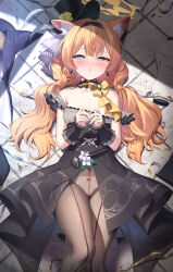 1girl animal_ear_fluff black_headband black_overskirt black_pantyhose blue_archive blush commentary_request cum cum_on_body cum_on_hands flower flower_hat fluffy_hair grey_feathers halo hat hat_flower headband highres idol idol_clothes long_hair looking_at_viewer low_twintails lying mari_(blue_archive) mari_(idol)_(blue_archive) matanonki microphone mini_hat mini_top_hat off_shoulder official_alternate_costume orange_hair panties pantyhose rose sexually_suggestive solo suggestive_fluid top_hat twintails underwear white_flower white_panties wrist_wrap yellow_flower yellow_halo yellow_pasties yellow_rose