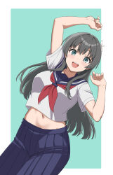 Rule 34 | :d, arms up, black hair, black skirt, blue sailor collar, breasts, commentary request, flower, hair flower, hair ornament, highres, infinite moppy, long hair, medium breasts, midriff, navel, neckerchief, open mouth, pleated skirt, red neckerchief, sailor collar, sakugawa school uniform, saten ruiko, school uniform, serafuku, shirt, simple background, skirt, smile, summer uniform, teeth, toaru kagaku no railgun, toaru majutsu no index, upper teeth only, white shirt
