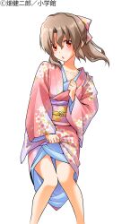 Rule 34 | 1girl, absurdres, blush, bow, brown hair, clothes lift, collarbone, hair bow, hata kenjirou, hayate no gotoku!, highres, japanese clothes, kimono, kimono lift, legs, long hair, maria (hayate no gotoku!), official art, ponytail, red eyes, simple background, skirt, skirt lift, solo, thigh gap, white background
