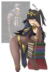 Rule 34 | 1girl, :d, black hair, black nails, blunt bangs, bodystocking, book, book stack, breasts, cape, cleavage, commentary, covered navel, english commentary, fire emblem, fire emblem awakening, gluteal fold, highres, interlocked fingers, laughing, long hair, looking to the side, medium breasts, nintendo, open mouth, own hands clasped, own hands together, pelvic curtain, photo-referenced, photo inset, purple eyes, skinipik, smile, solo, tharja (fire emblem), tiara, twintails