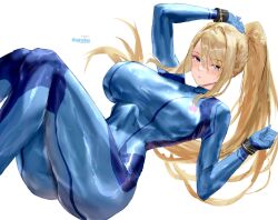 1girl blonde_hair blue_bodysuit blue_eyes blush bodysuit breasts commentary highres igiroitsu impossible_bodysuit impossible_clothes large_breasts long_hair looking_at_viewer metroid mole mole_under_mouth nintendo ponytail samus_aran simple_background skin_tight solo zero_suit