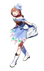 1girl ace_attorney bare_shoulders black_dress blue_hat boots choa007 closed_eyes curtsey dress full_body gloves hat highres medium_hair open_mouth solo strapless strapless_dress top_hat trucy_wright white_boots white_gloves