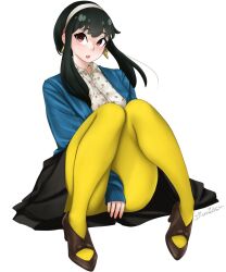 Rule 34 | 1girl, black hair, black skirt, blue cardigan, brown footwear, cardigan, dismaiden, earrings, floral print, hairband, high heels, highres, jewelry, on ground, pantyhose, red eyes, skirt, solo, spy x family, white background, white hairband, yellow pantyhose, yor briar