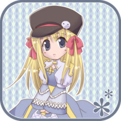 1girl arch_bishop_(ragnarok_online) argyle_background black_hat blonde_hair blue_background blue_dress blush bow chibi chibi_only commentary_request cowboy_shot cross dated_commentary dress expressionless fishnet_thighhighs fishnets grey_eyes hair_bow hat hat_ornament juliet_sleeves long_hair long_sleeves looking_at_viewer lowres newsboy_cap open_mouth puffy_sleeves ragnarok_online red_bow sash sharari skull_hat_ornament solo thighhighs two-tone_dress white_dress white_thighhighs yellow_sash