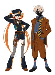 Rule 34 | 1boy, 1girl, absurdres, black hat, black jacket, black shorts, black skin, blue eyes, blue shirt, brown jacket, brown pants, colored skin, full body, grey hair, hat, highres, jacket, multicolored hair, orange eyes, orange hair, original, pants, shirt, shorts, simple background, two-tone hair, white background, yang gallae