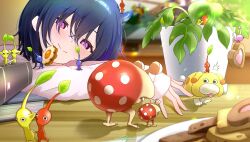 1girl black_hair blue_pikmin blurry blurry_background book bulborb closed_mouth fangs food heart heart-shaped_food highres ichinose_uruha muton_(muton82) nintendo oatchi_(pikmin) pikmin_(creature) pikmin_(series) plant plate potted_plant purple_eyes red_pikmin signature sleeves_past_wrists smile virtual_youtuber vspo! yellow_pikmin