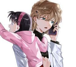 2girls :d black_hair black_shirt brown_hair carrying carrying_person cellphone green_eyes hair_ornament hairband highres holding holding_phone hood hooded_jacket jacket lab_coat long_sleeves maka_(maka04021) meitantei_conan miyano_shiho multiple_girls open_mouth phone pink_hairband pink_jacket rabbit_hair_ornament shirt short_hair simple_background smartphone smile upper_body white_background yoshida_ayumi