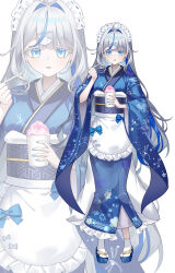 Rule 34 | 1girl, absurdres, aokumo rin, apron, blue bow, blue hair, blue kimono, blue sandals, bow, full body, highres, japanese clothes, kimono, long hair, long sleeves, looking at viewer, maid apron, maid headdress, mella (mell a12), multicolored hair, okobo, open mouth, platform sandals, sandals, simple background, smile, socks, stellive, streaked hair, tabi, virtual youtuber, white background, white hair, white socks, wide sleeves, zoom layer