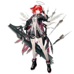angel_wings arknights black_jacket black_shoes black_shorts breasts detached_wings exusiai_(arknights) exusiai_the_new_covenant_(arknights) fingerless_gloves gloves gun halo hands_on_own_hips highres huanxiang_heitu jacket light_smile long_shirt long_sleeves looking_at_viewer medium_breasts official_art orange_eyes railgun red_hair shirt shoes short_hair shorts side_ponytail simple_background sneakers swept_bangs thigh_strap thighhighs three-finger_salute weapon white_halo white_shirt white_thighhighs wings